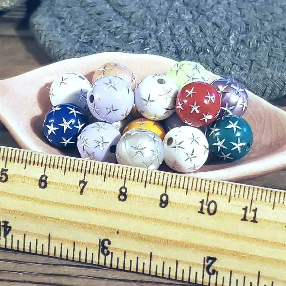 Mixed Colors Vintage Retro Silver Stars 12mm Round Acrylic Shabby Beads 10 pcs
